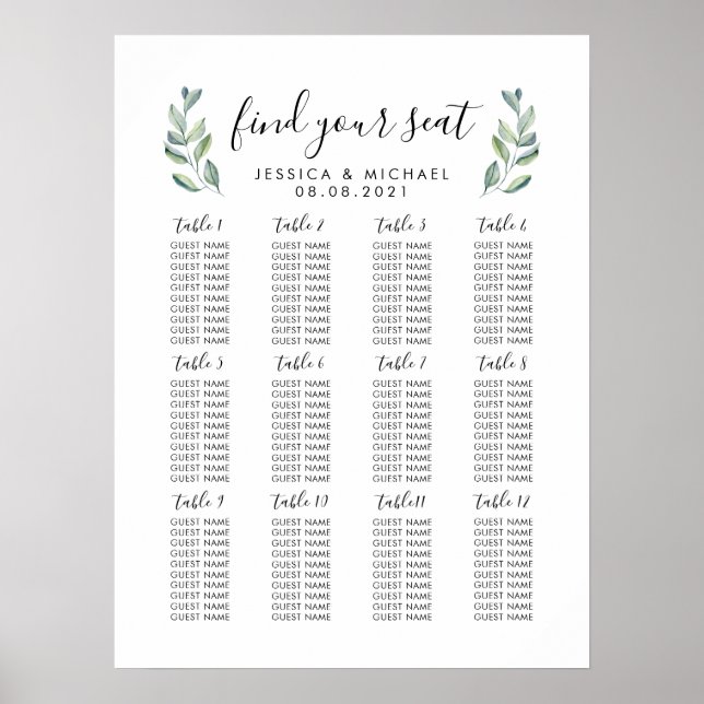 12 Table Large Wedding Guest Seating Chart (Front)