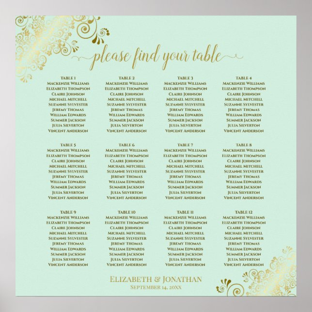 12 Table Mint Green & Gold Wedding Seating Chart (Front)