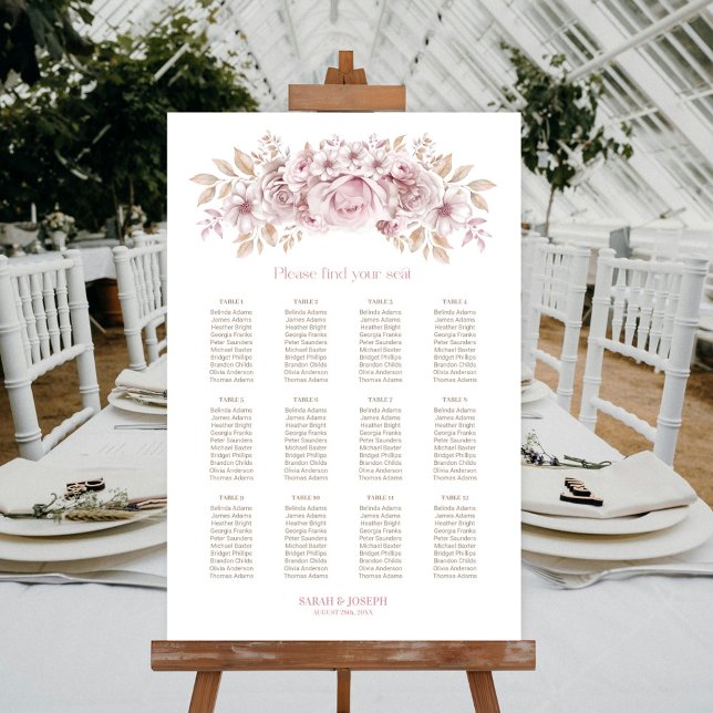 12 Table Pink Floral Wedding Seating Chart (Creator Uploaded)