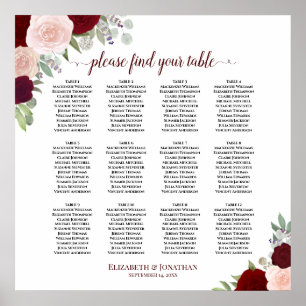 12 Table Red & Pink Floral Wedding Seating Chart