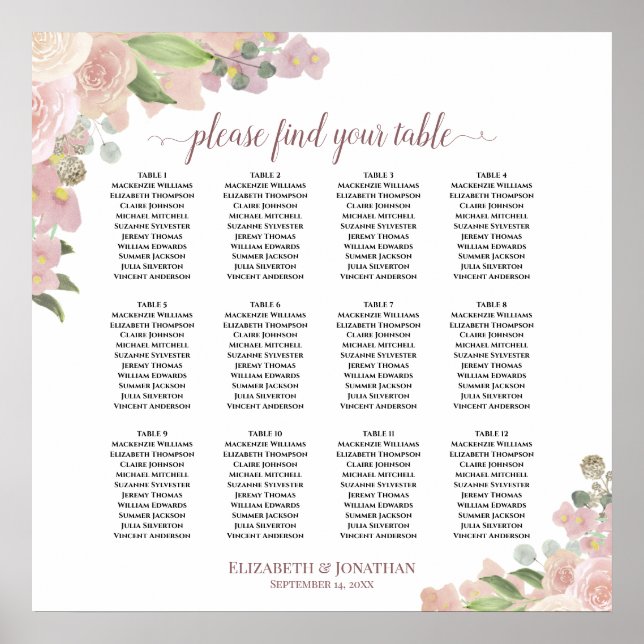 12 Table Rustic Pink Floral Wedding Seating Chart (Front)