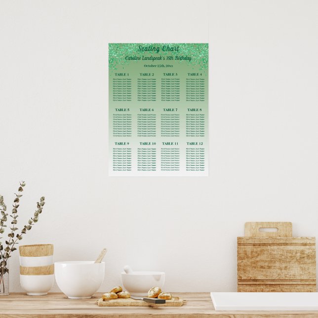 12 Table Seating Chart Template Green Glitter (Kitchen)