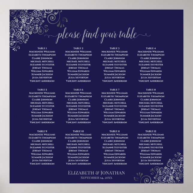 12 Table Silver on Navy Blue Wedding Seating Chart (Front)