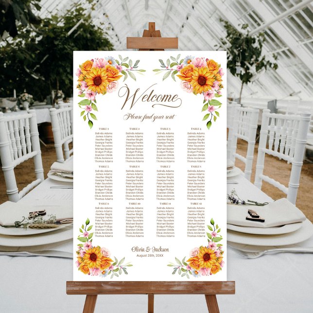 12 Table Sunflower Rose Wedding Seating Chart (Creator Uploaded)