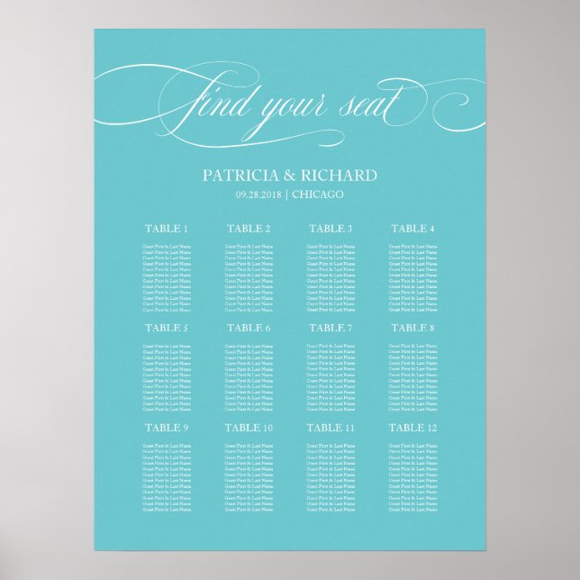 12 Tables Purist Blue Wedding Seating Plan Board Poster (Front)