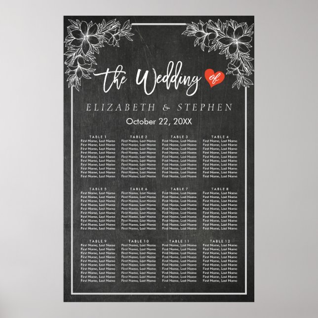 12 Tables Seating Chart Chalkboard Floral Frame (Front)