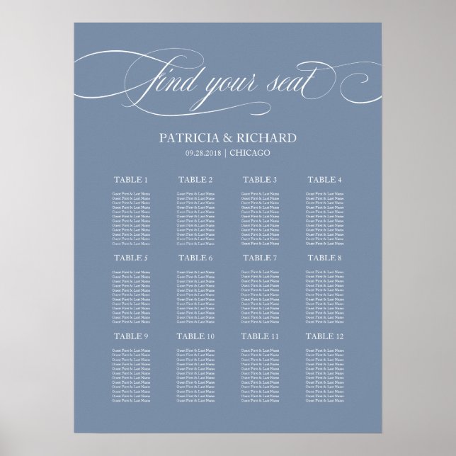 12 Tables Wedding Seating Plan Sign Dusty Blue (Front)