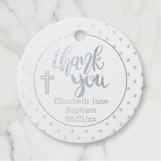 12 x Shiny REAL SILVER FOIL Thank You BAPTISM Favour Tags (Front)