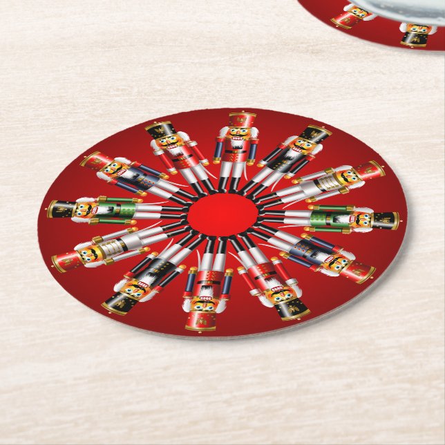 12 Xmas Nutcracker Toy Soldiers Round Paper Coaster (Angled)
