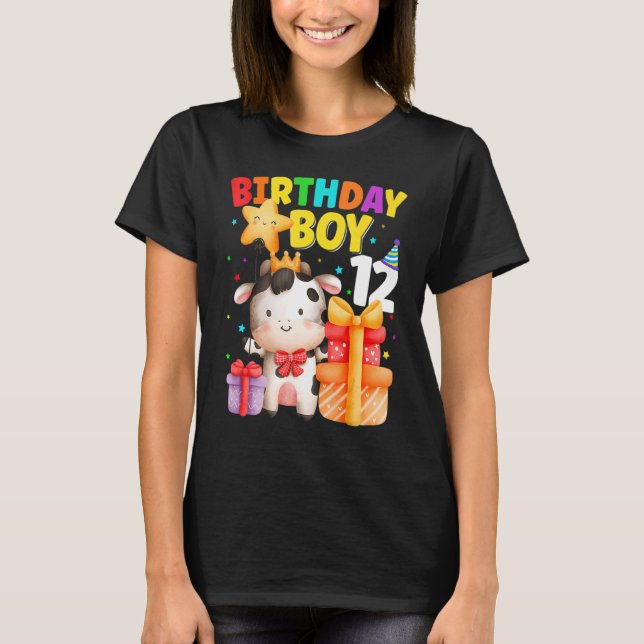 12 Year Old Birthday Boy 12th Cow Farm Animals B D T-Shirt (Front)