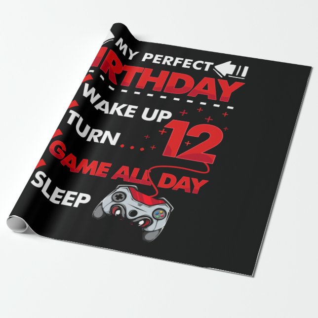 12 Year Old Gamer Boy 12nd Perfect Birthday Gaming Wrapping Paper (Unrolled)