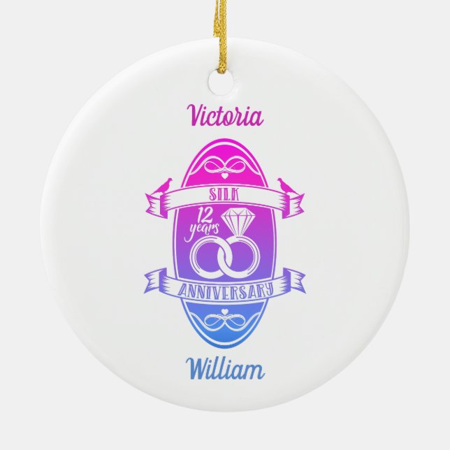 12 Year traditional Silk 12th wedding anniversary Ceramic Ornament (Back)