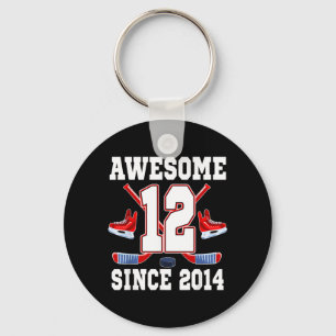 12 Years Awesome Since 2014 Hockey Theme Birthday Key Ring