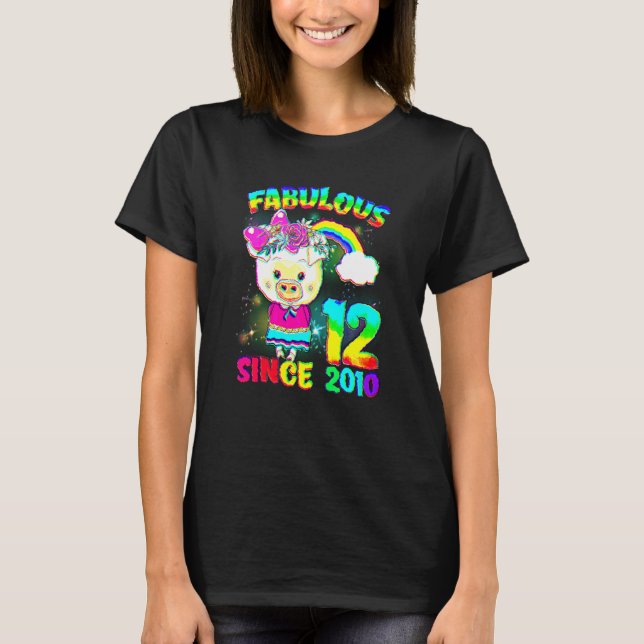 12 Years Old 12th Birthday Cute Pig Girl Fabulous  T-Shirt (Front)