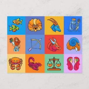 12 Zodiac signs cartoon style Postcard