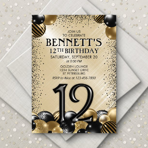 12th Balloons Black Gold Birthday Invitation