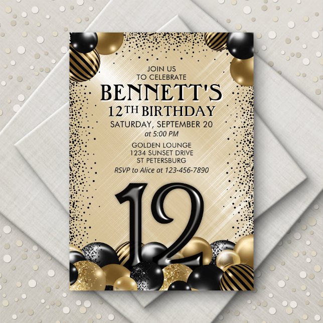 12th Balloons Black Gold Birthday Invitation (Creator Uploaded)