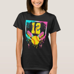 12th Bday Softll Home Plate Drip Ice Cream 12 Year T-Shirt