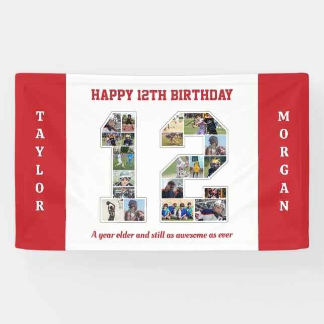 12th Birthday Anniversary Number 12 Photo Collage Banner (Horizontal)