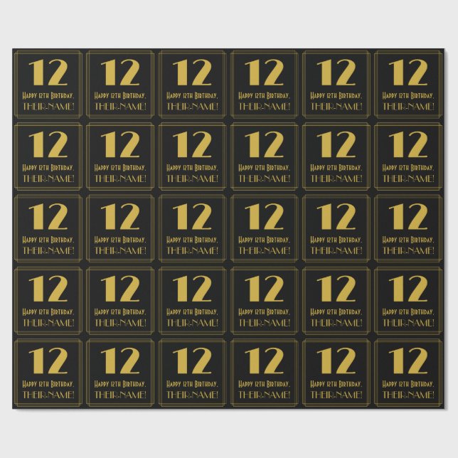12th Birthday ~ Art Deco Inspired Look "12", Name Wrapping Paper (Flat)