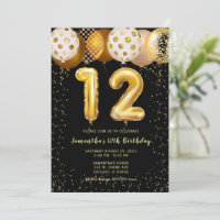 12th Birthday Black Gold Invitation 