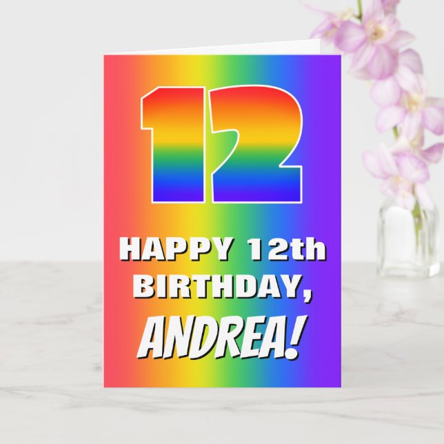 12th Birthday: Colorful, Fun Rainbow Pattern # 12 Card (Orchid)