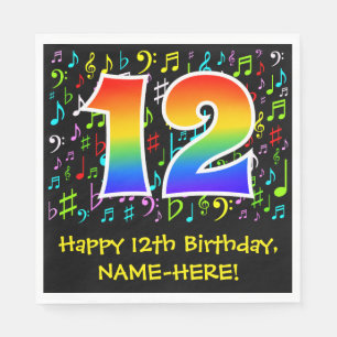 12th Birthday - Colorful Music Symbols, Rainbow 12 Napkin