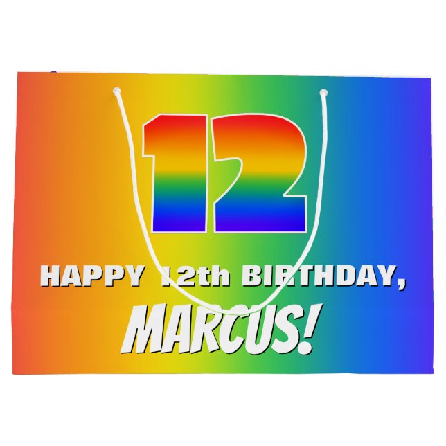 12th Birthday: Colourful, Fun Rainbow Pattern # 12 Large Gift Bag (Back)