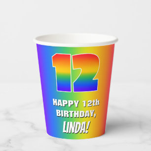 12th Birthday: Colourful, Fun Rainbow Pattern # 12 Paper Cups