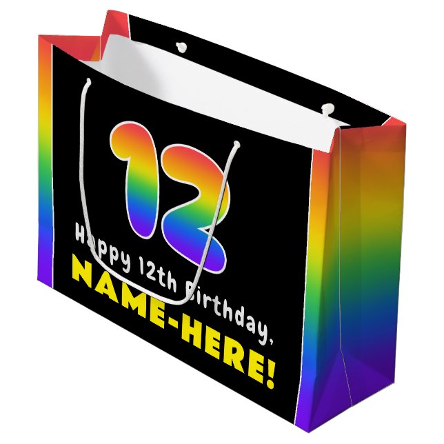 12th Birthday: Colourful Rainbow # 12, Custom Name Large Gift Bag (Front Angled)