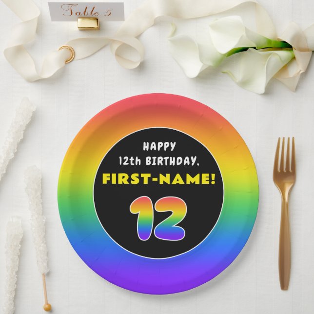 12th Birthday: Colourful Rainbow # 12, Custom Name Paper Plate (Wedding)