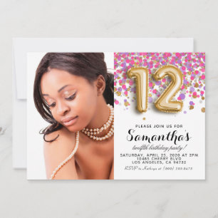 12th Birthday Confetti Gold Portrait Invitation