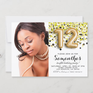 12th Birthday Confetti Gold Portrait Invitation