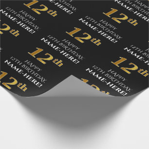 12th Birthday: Elegant, Black, Faux Gold Look Wrapping Paper