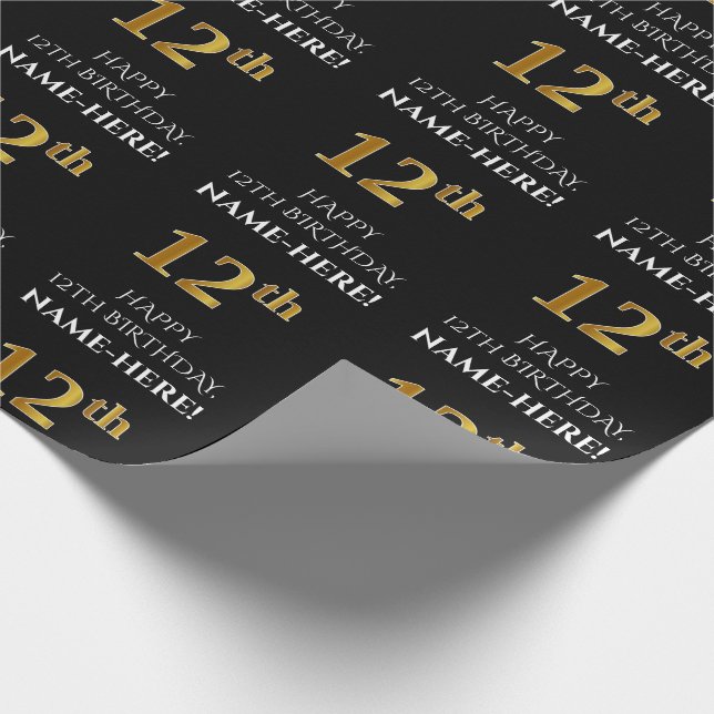 12th Birthday: Elegant, Black, Faux Gold Look Wrapping Paper (Corner)