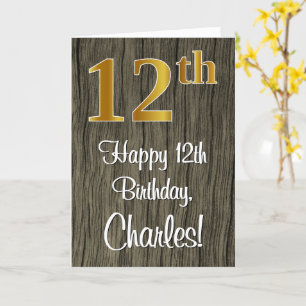 12th Birthday: Elegant Faux Gold Look #, Faux Wood Card
