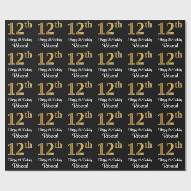 12th Birthday: Elegant Luxurious Faux Gold Look # Wrapping Paper (Flat)