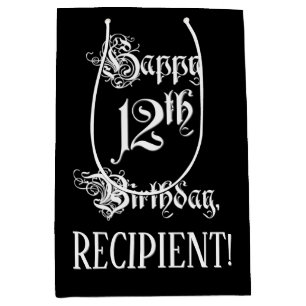 12th Birthday: Fancy, Elegant Script + Custom Name Medium Gift Bag