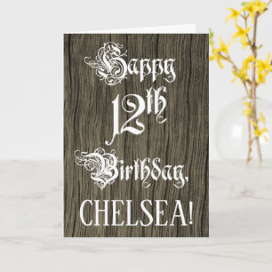 12th Birthday: Fancy, Elegant Text; Faux Wood Look Card