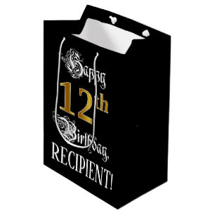 12th Birthday ~ Fancy Script; Faux Gold Look; Name Medium Gift Bag