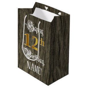 12th Birthday: Faux Gold Look & Faux Wood Pattern Medium Gift Bag
