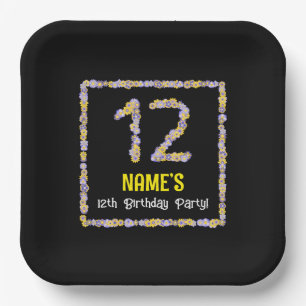 12th Birthday: Floral Flowers Number, Custom Name Paper Plate