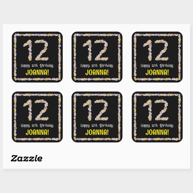 12th Birthday: Floral Flowers Number, Custom Name Square Sticker (Sheet)