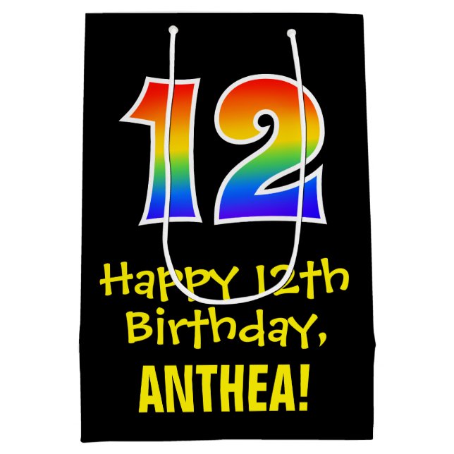 12th Birthday: Fun, Bold, Colourful, Rainbow "12" Medium Gift Bag (Back)