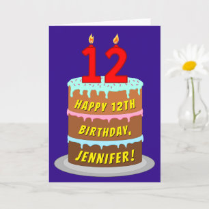 12th Birthday: Fun Cake and Candles + Custom Name Card