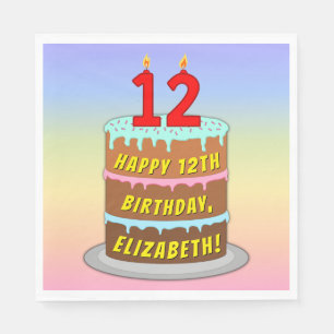 12th Birthday: Fun Cake and Candles + Custom Name Napkin