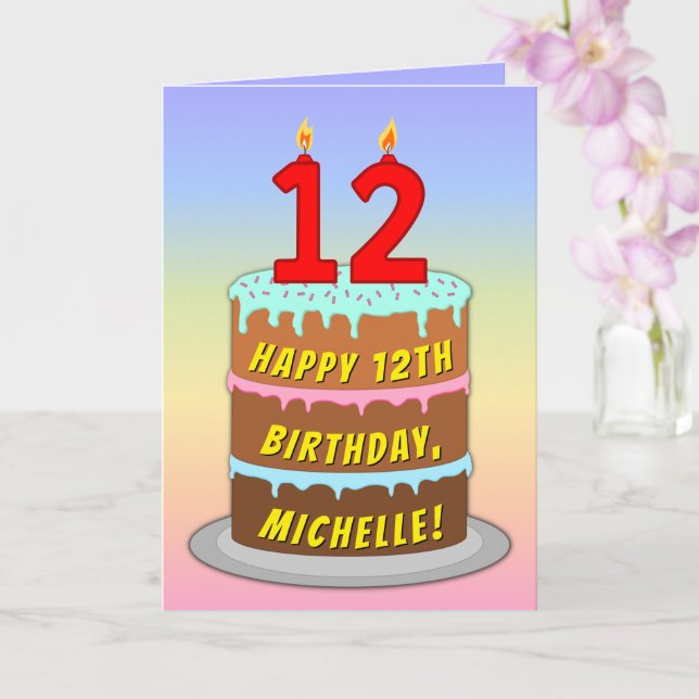 12th Birthday — Fun Cake & Candles, w/ Custom Name Card (Orchid)