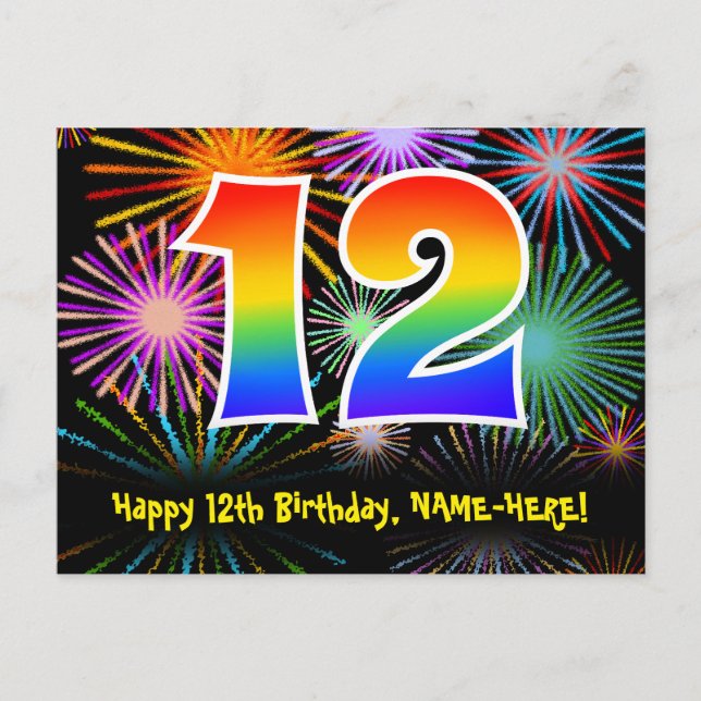 12th Birthday – Fun Fireworks Pattern + Rainbow 12 Postcard (Front)