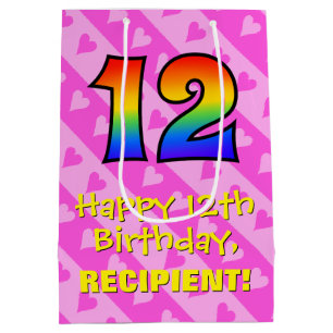 12th Birthday: Fun Pink Hearts Stripes; Rainbow 12 Medium Gift Bag