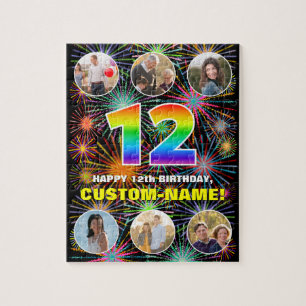 12th Birthday: Fun Rainbow #, Custom Name + Photos Jigsaw Puzzle